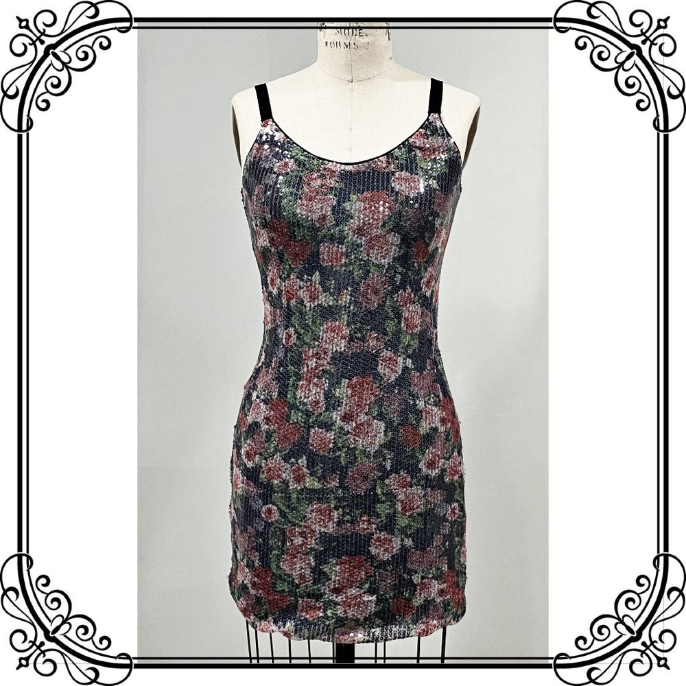 AQUA Rose Print Sequin Mini Dress - Size XS